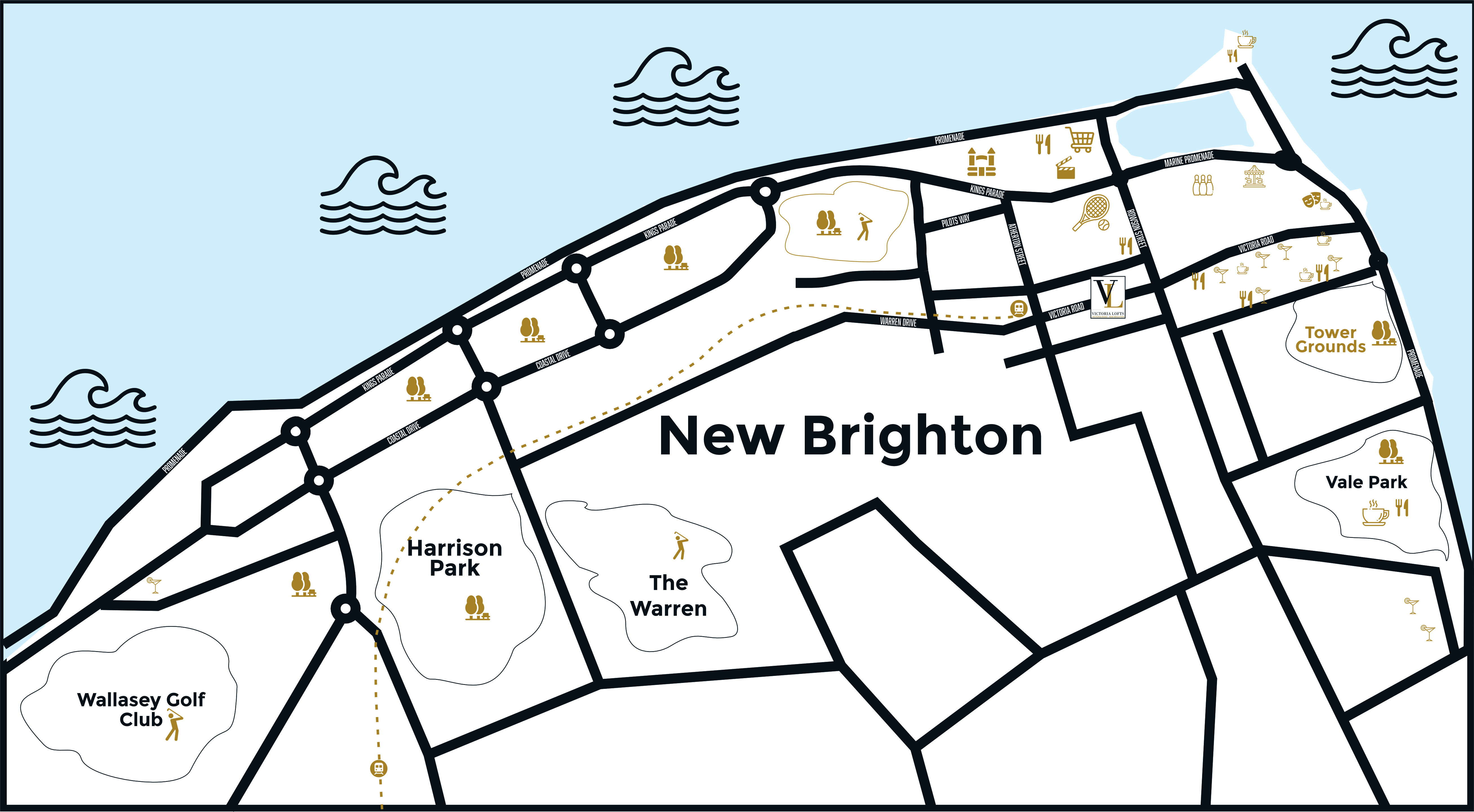 Illustrated map of New Brighton showing Victoria Lofts on Victoria Road near the coast, parks and local amenities